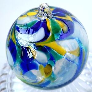 Zorza Artisan Mouth Blown Glass Christmas Ornament Large Round Blue Swirl Poland